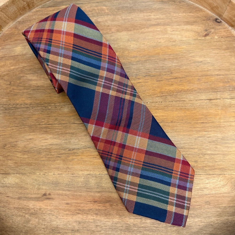 IZOD Necktie OS Multi Color Plaid Silk Traditional Classic Navy Orange Red